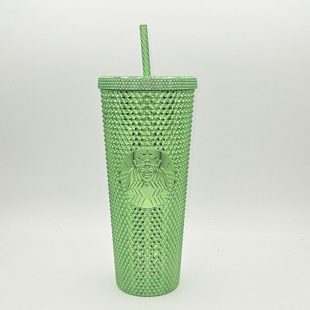 Starbucks 24oz Metallic Green Studded Bling Cold Cup Tumbler Lid Straw